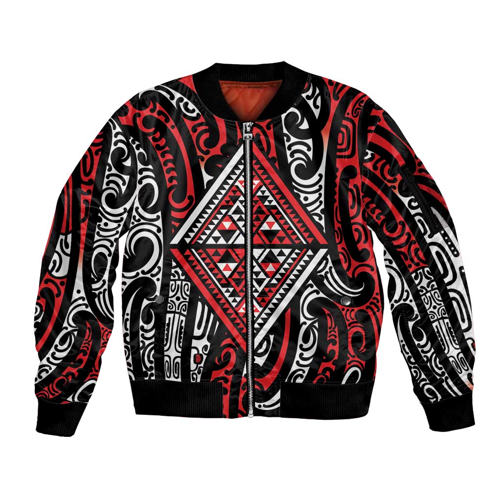 New Zealand Maori Taniko Sleeve Zip Bomber Jacket Red Kowhaiwhai Puhoro LT9 Unisex Red - Polynesian Pride