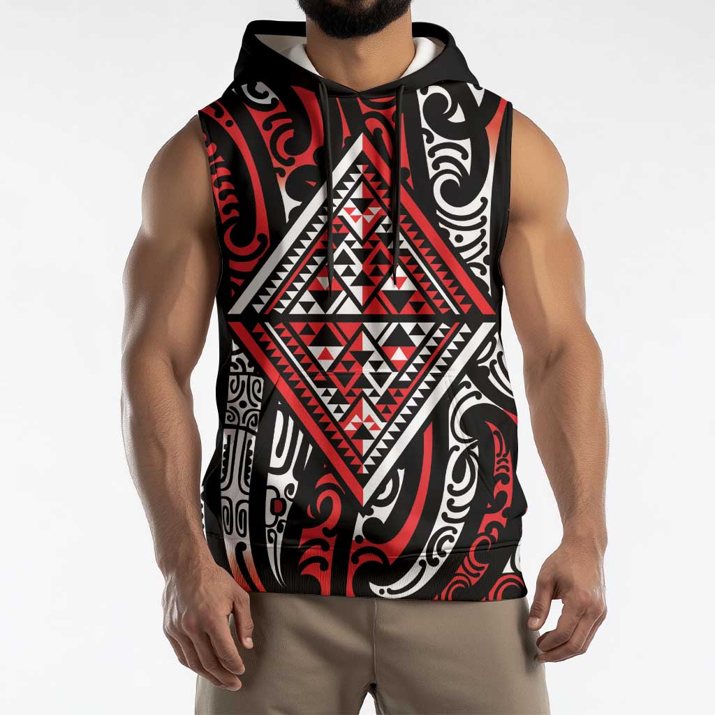 New Zealand Maori Taniko Sleeveless Hoodie Red Kowhaiwhai Puhoro - Polynesian Pride