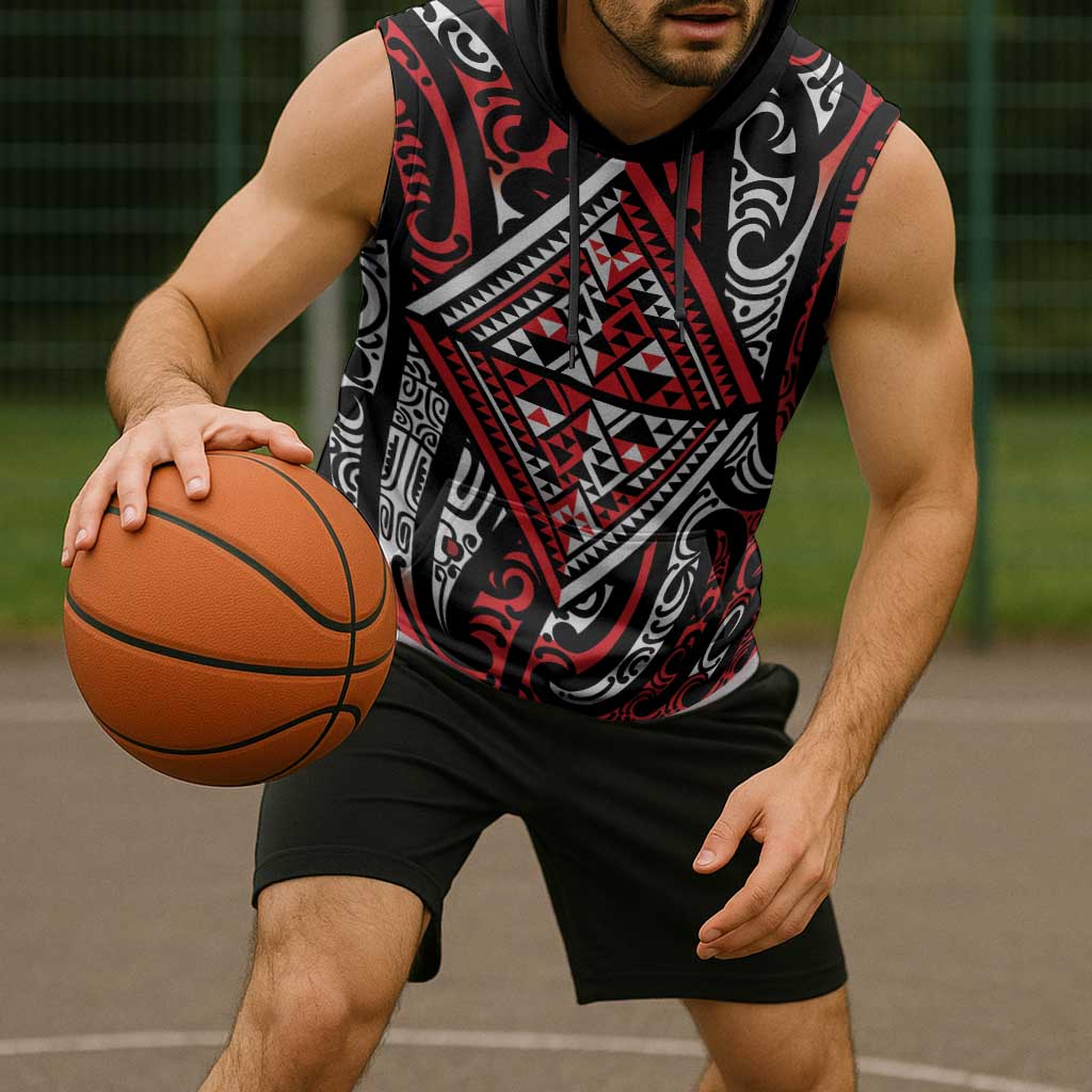 New Zealand Maori Taniko Sleeveless Hoodie Red Kowhaiwhai Puhoro - Polynesian Pride