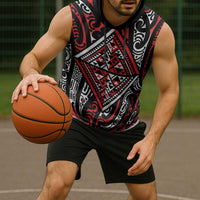 New Zealand Maori Taniko Sleeveless Hoodie Red Kowhaiwhai Puhoro - Polynesian Pride