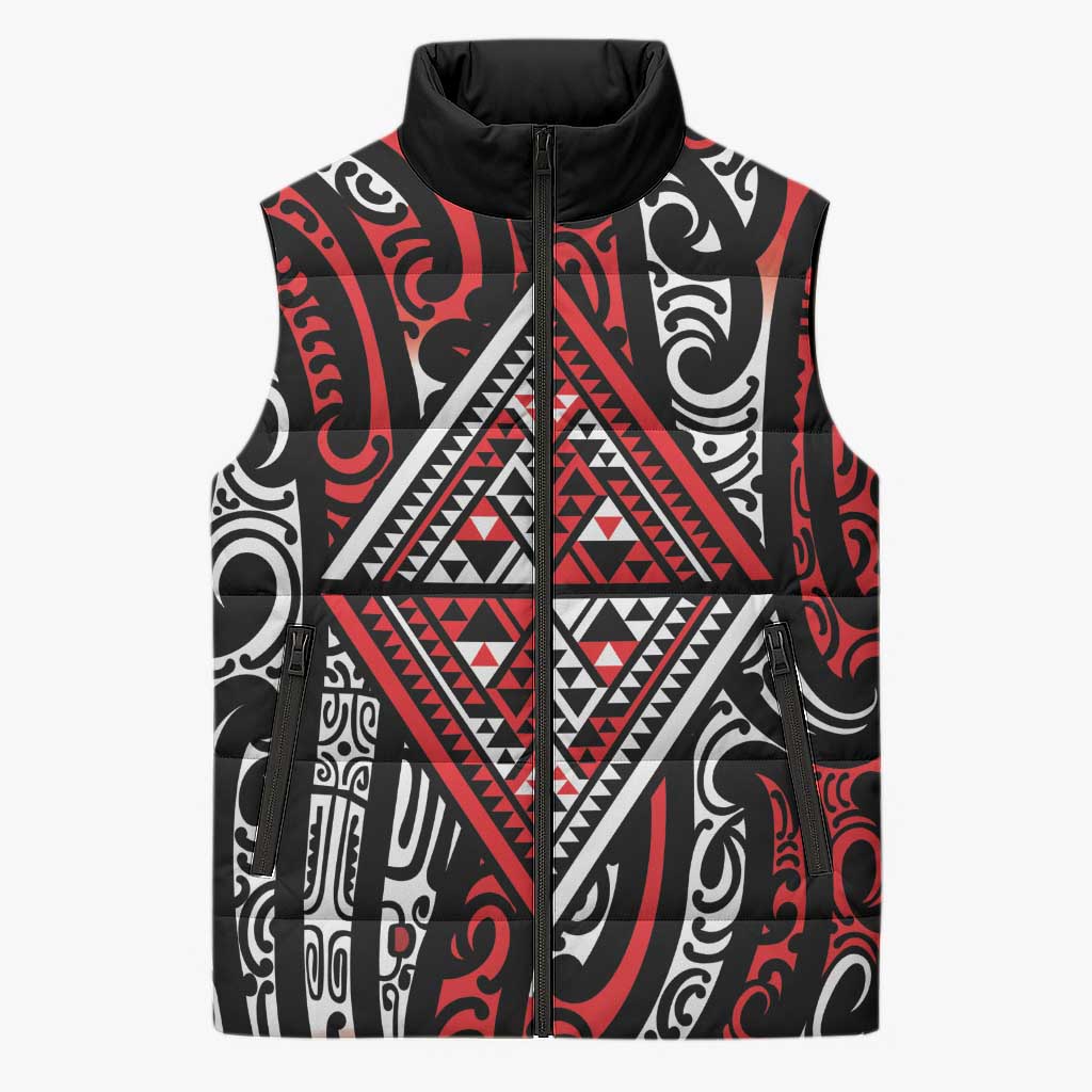 New Zealand Maori Taniko Sleeveless Puffer Jacket Red Kowhaiwhai Puhoro - Polynesian Pride