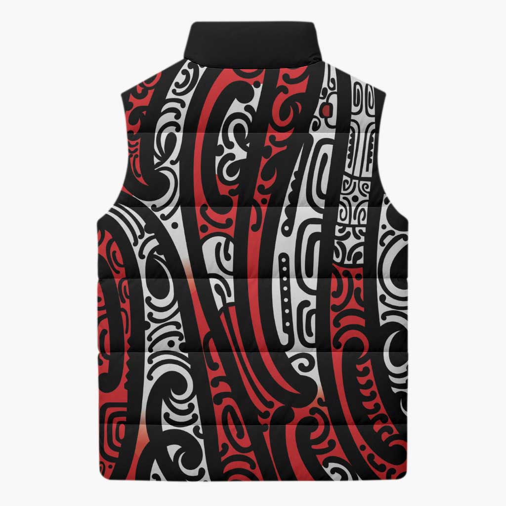 New Zealand Maori Taniko Sleeveless Puffer Jacket Red Kowhaiwhai Puhoro - Polynesian Pride
