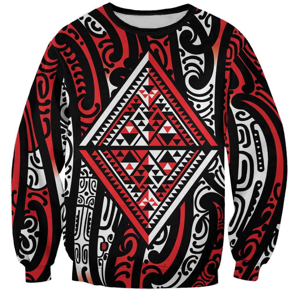New Zealand Maori Taniko Sweatshirt Red Kowhaiwhai Puhoro LT9 Unisex Red - Polynesian Pride