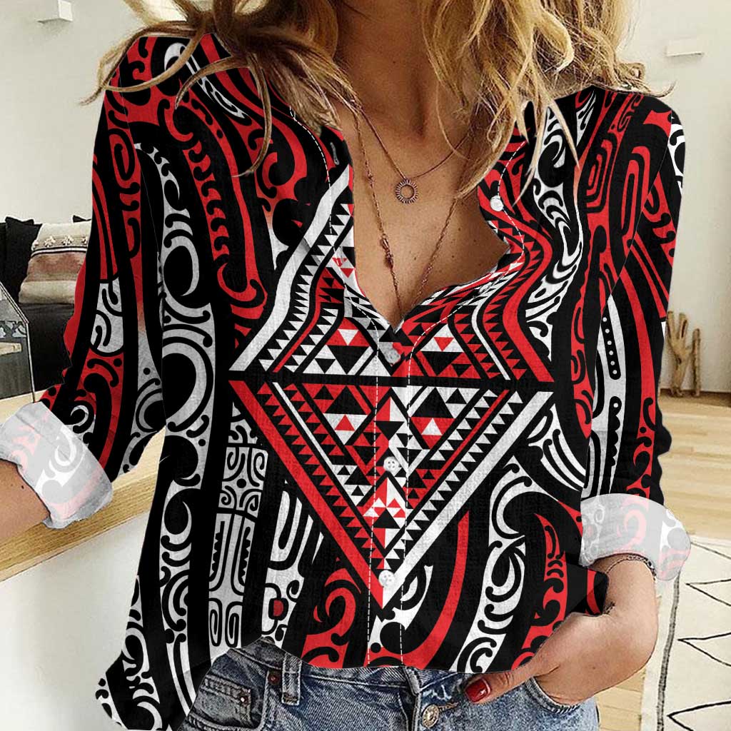 New Zealand Maori Taniko Women Casual Shirt Red Kowhaiwhai Puhoro LT9 Female Red - Polynesian Pride
