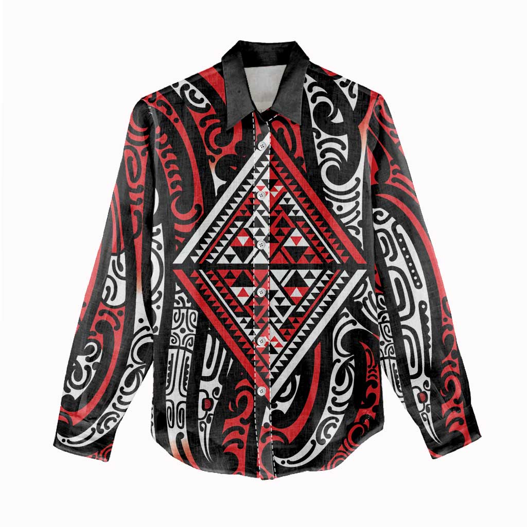 New Zealand Maori Taniko Women Casual Shirt Red Kowhaiwhai Puhoro LT9 - Polynesian Pride