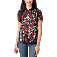 New Zealand Maori Taniko Women Polo Shirt Red Kowhaiwhai Puhoro