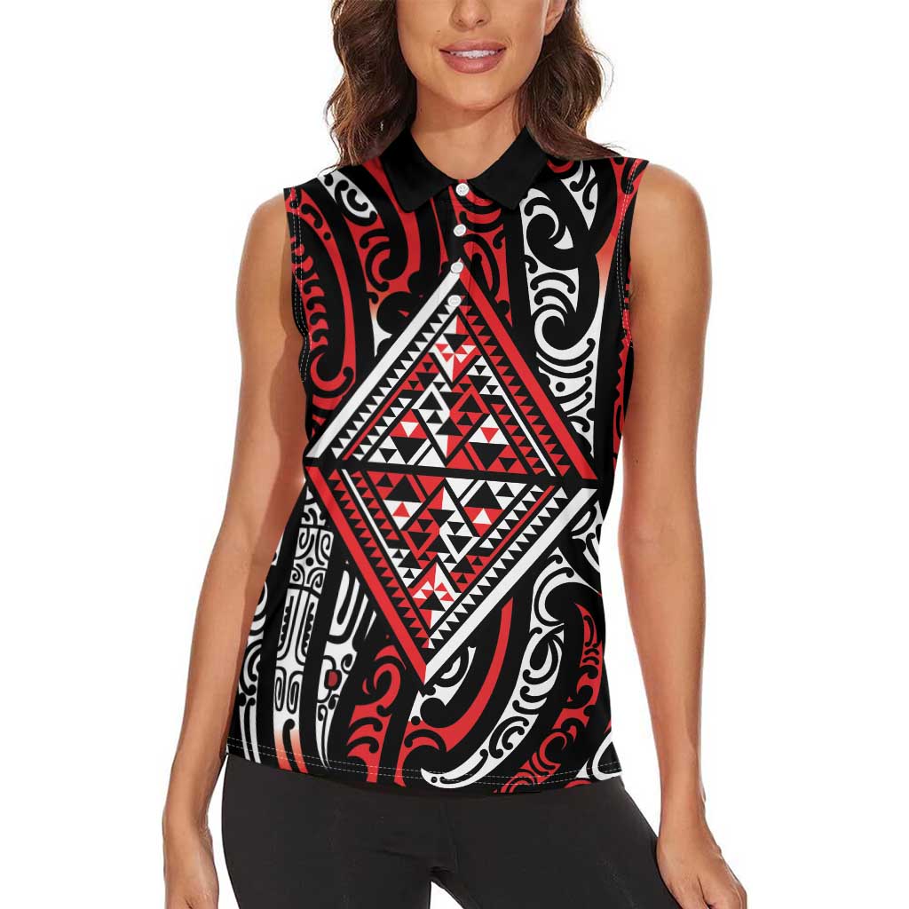 New Zealand Maori Taniko Women Sleeveless Polo Shirt Red Kowhaiwhai Puhoro