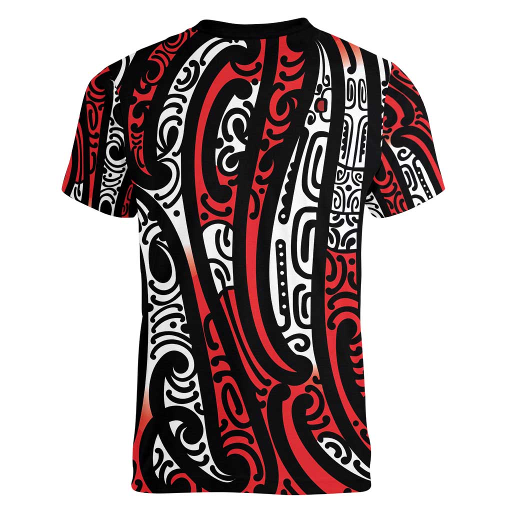 New Zealand Maori Taniko Women V-Neck T-Shirt Red Kowhaiwhai Puhoro