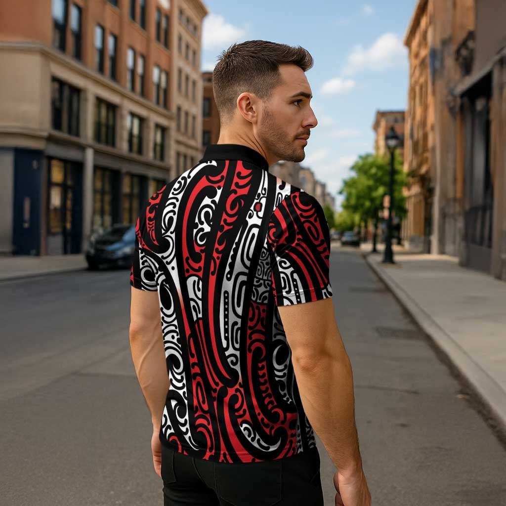 New Zealand Maori Taniko Zipper Polo Shirt Red Kowhaiwhai Puhoro - Polynesian Pride