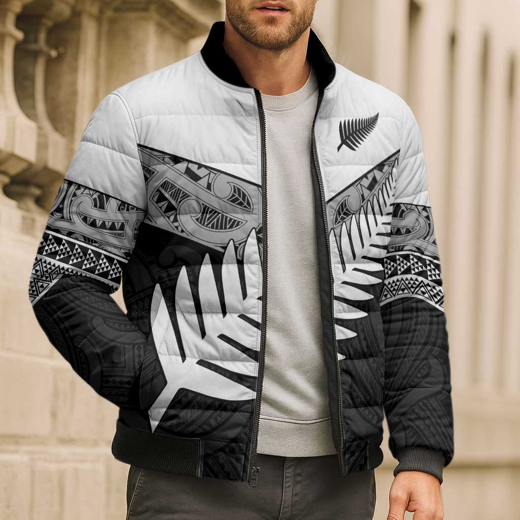 New Zealand Silver Fern Bomber Puffer Jacket Maori Koru Mixed Taniko Pattern - Polynesian Pride