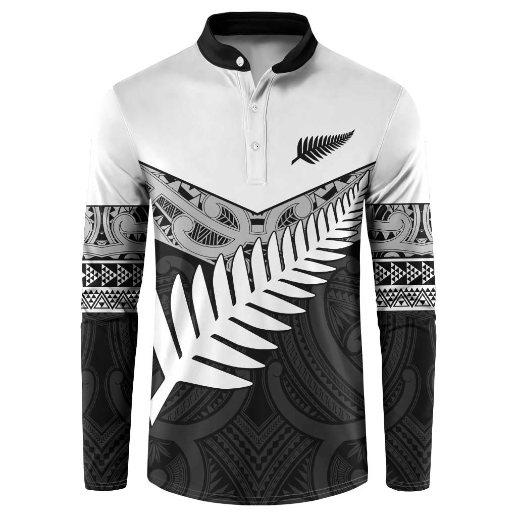 New Zealand Silver Fern Button Sweatshirt Maori Koru Mixed Taniko Pattern LT9 White - Polynesian Pride