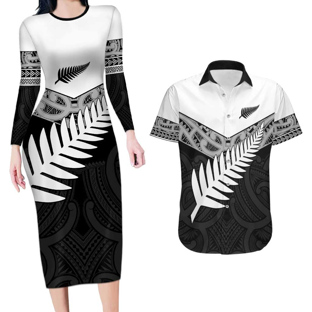 New Zealand Silver Fern Couples Matching Long Sleeve Bodycon Dress and Hawaiian Shirt Maori Koru Mixed Taniko Pattern LT9 White - Polynesian Pride