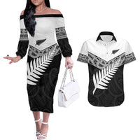 New Zealand Silver Fern Couples Matching Off The Shoulder Long Sleeve Dress and Hawaiian Shirt Maori Koru Mixed Taniko Pattern LT9 White - Polynesian Pride