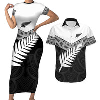 New Zealand Silver Fern Couples Matching Short Sleeve Bodycon Dress and Hawaiian Shirt Maori Koru Mixed Taniko Pattern LT9 White - Polynesian Pride