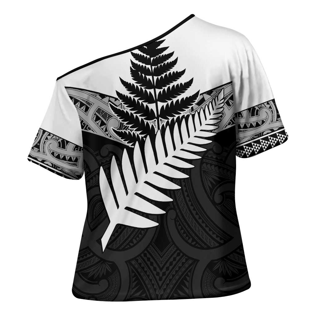 New Zealand Silver Fern Cross Shoulder Shirt Maori Koru Mixed Taniko Pattern - Polynesian Pride
