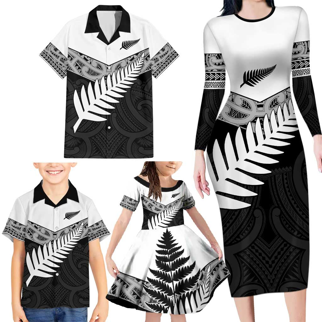 New Zealand Silver Fern Family Matching Long Sleeve Bodycon Dress and Hawaiian Shirt Maori Koru Mixed Taniko Pattern LT9 - Polynesian Pride