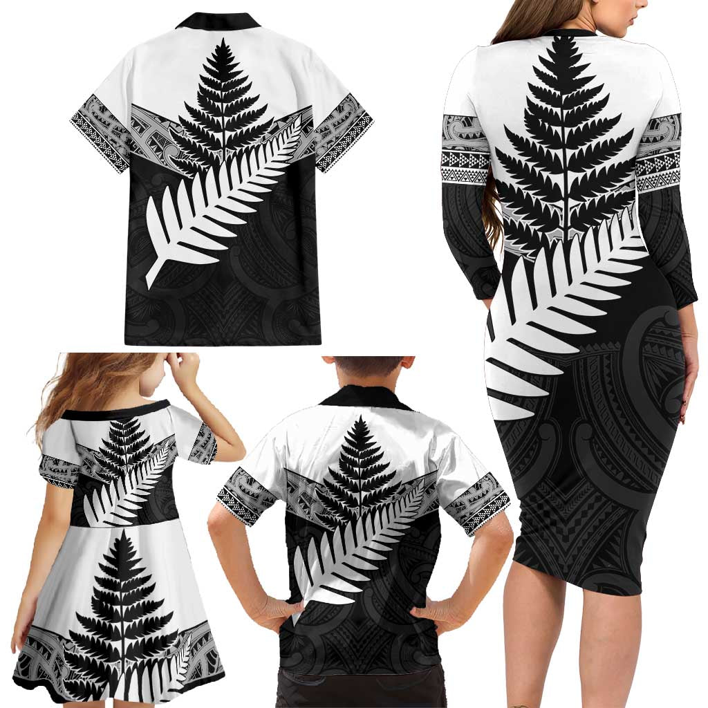 New Zealand Silver Fern Family Matching Long Sleeve Bodycon Dress and Hawaiian Shirt Maori Koru Mixed Taniko Pattern LT9 - Polynesian Pride