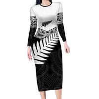 New Zealand Silver Fern Family Matching Long Sleeve Bodycon Dress and Hawaiian Shirt Maori Koru Mixed Taniko Pattern LT9 Mom's Dress White - Polynesian Pride