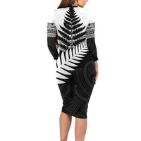 New Zealand Silver Fern Family Matching Long Sleeve Bodycon Dress and Hawaiian Shirt Maori Koru Mixed Taniko Pattern LT9 - Polynesian Pride