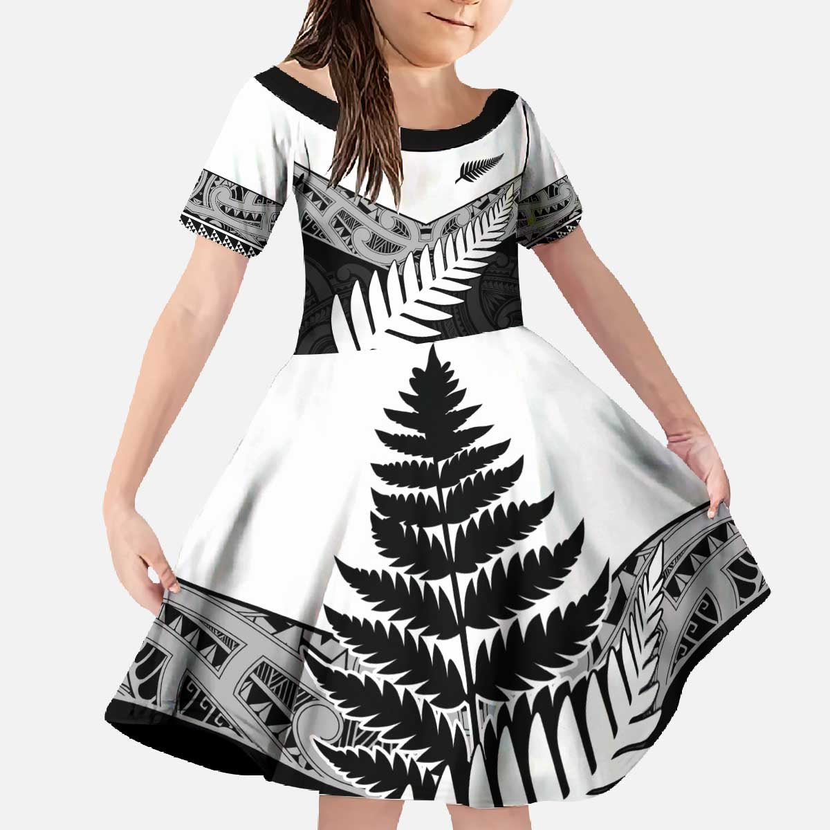 New Zealand Silver Fern Family Matching Off The Shoulder Long Sleeve Dress and Hawaiian Shirt Maori Koru Mixed Taniko Pattern LT9 Daughter's Dress White - Polynesian Pride