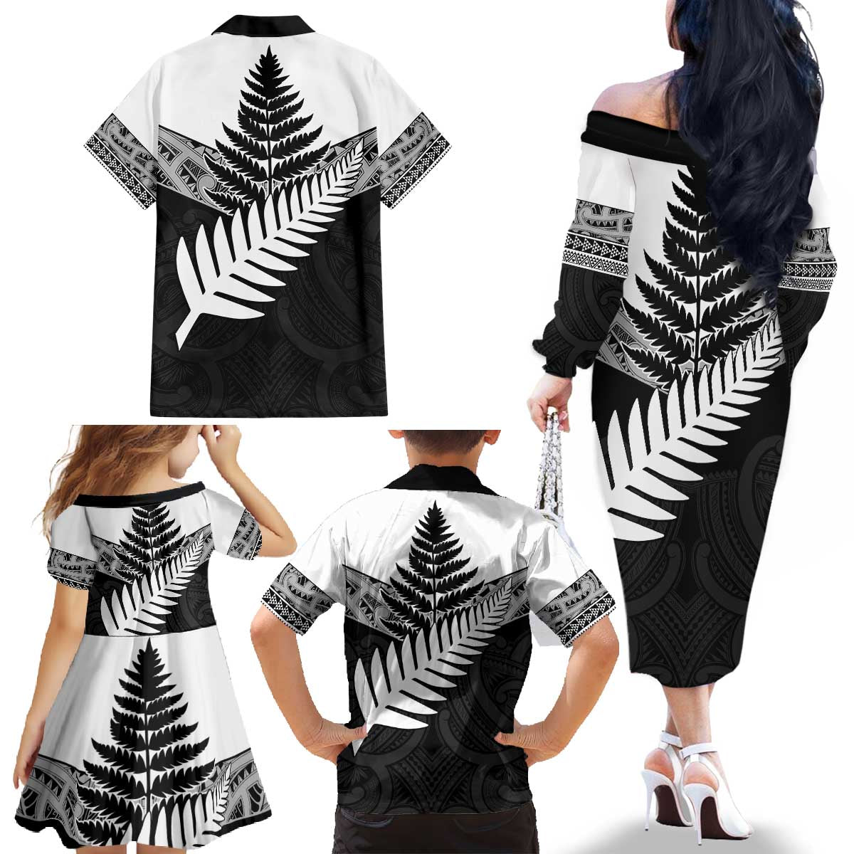 New Zealand Silver Fern Family Matching Off The Shoulder Long Sleeve Dress and Hawaiian Shirt Maori Koru Mixed Taniko Pattern LT9 - Polynesian Pride