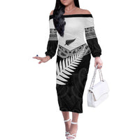 New Zealand Silver Fern Family Matching Off The Shoulder Long Sleeve Dress and Hawaiian Shirt Maori Koru Mixed Taniko Pattern LT9 Mom's Dress White - Polynesian Pride