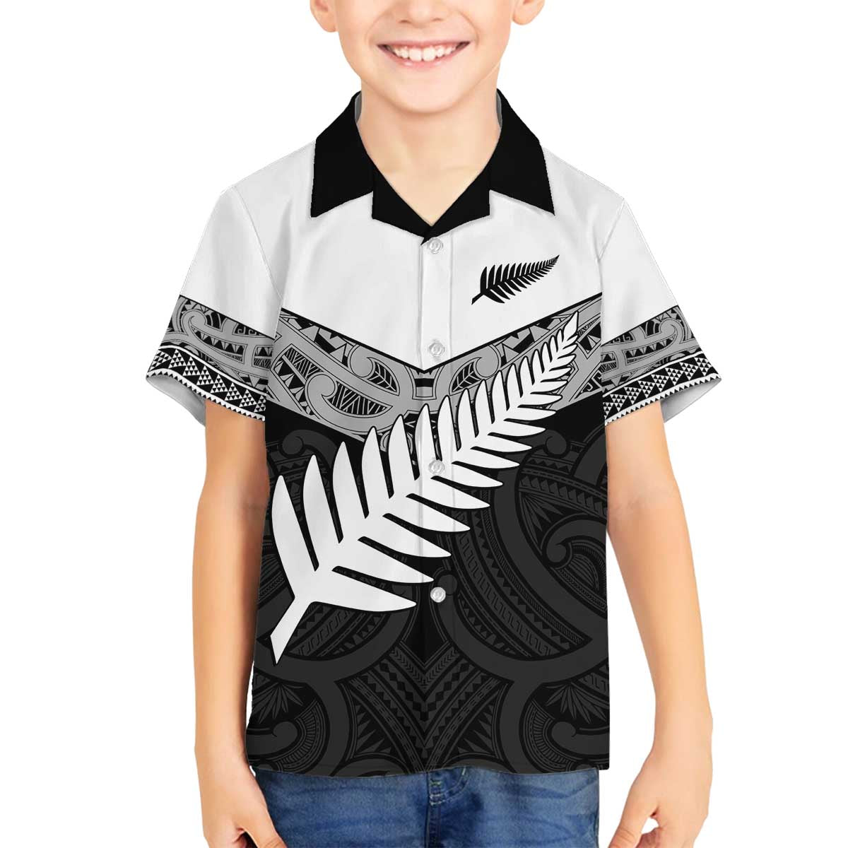 New Zealand Silver Fern Family Matching Off The Shoulder Long Sleeve Dress and Hawaiian Shirt Maori Koru Mixed Taniko Pattern LT9 Son's Shirt White - Polynesian Pride