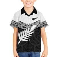 New Zealand Silver Fern Family Matching Off The Shoulder Long Sleeve Dress and Hawaiian Shirt Maori Koru Mixed Taniko Pattern LT9 Son's Shirt White - Polynesian Pride