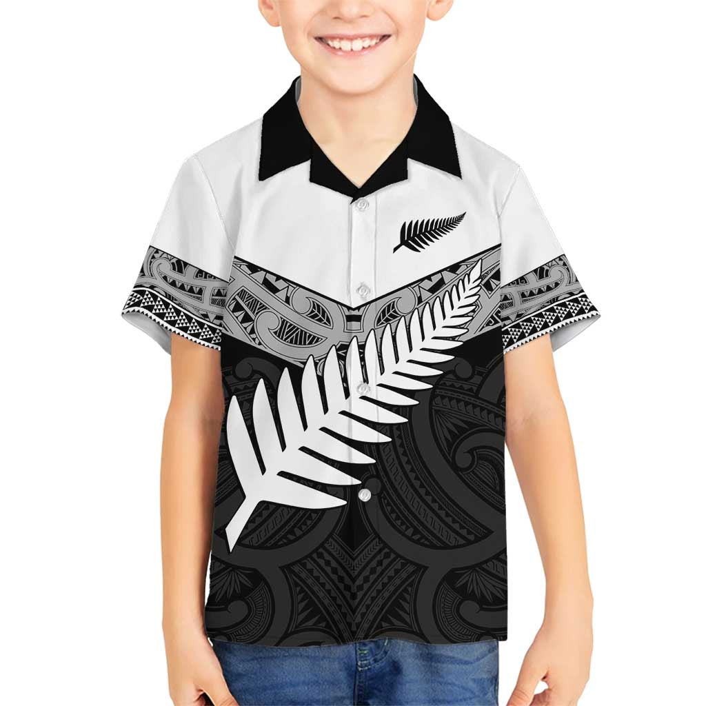 New Zealand Silver Fern Family Matching Off Shoulder Short Dress and Hawaiian Shirt Maori Koru Mixed Taniko Pattern LT9 Son's Shirt White - Polynesian Pride