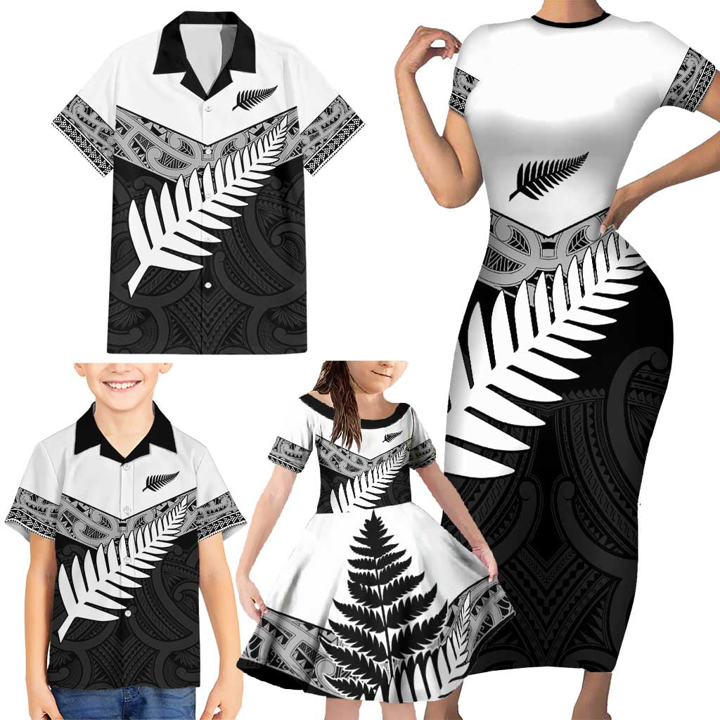 New Zealand Silver Fern Family Matching Short Sleeve Bodycon Dress and Hawaiian Shirt Maori Koru Mixed Taniko Pattern LT9 - Polynesian Pride