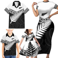 New Zealand Silver Fern Family Matching Short Sleeve Bodycon Dress and Hawaiian Shirt Maori Koru Mixed Taniko Pattern LT9 - Polynesian Pride