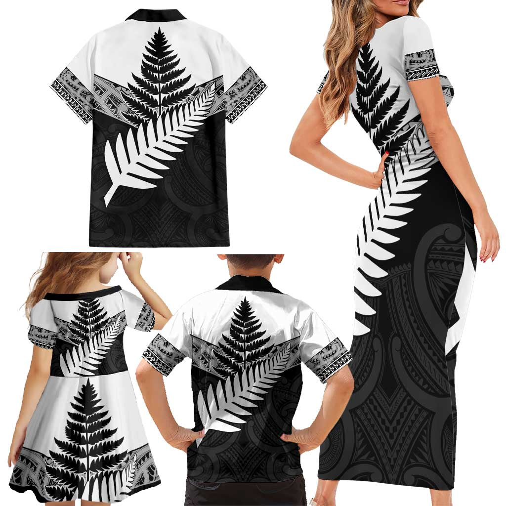 New Zealand Silver Fern Family Matching Short Sleeve Bodycon Dress and Hawaiian Shirt Maori Koru Mixed Taniko Pattern LT9 - Polynesian Pride