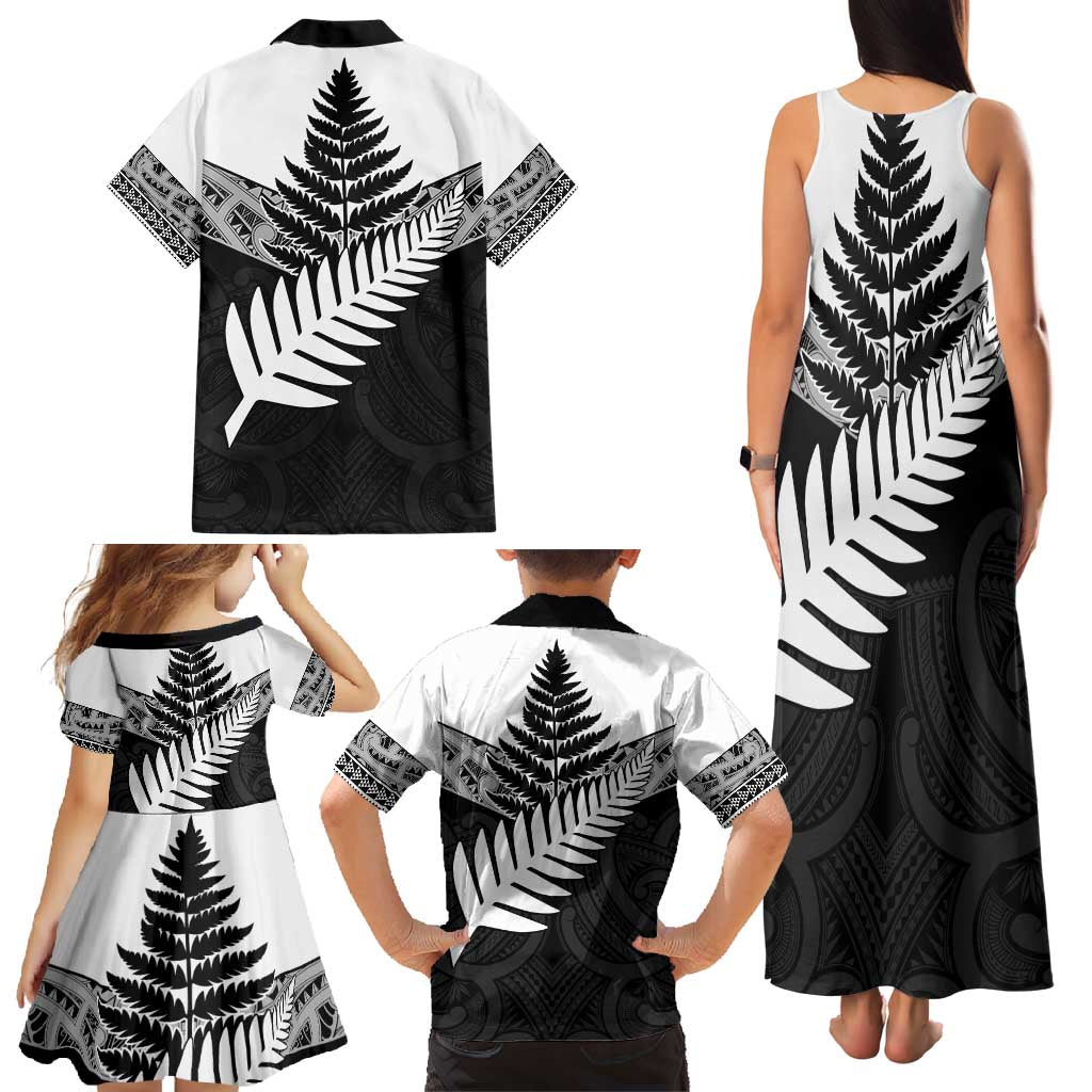 New Zealand Silver Fern Family Matching Tank Maxi Dress and Hawaiian Shirt Maori Koru Mixed Taniko Pattern LT9 - Polynesian Pride