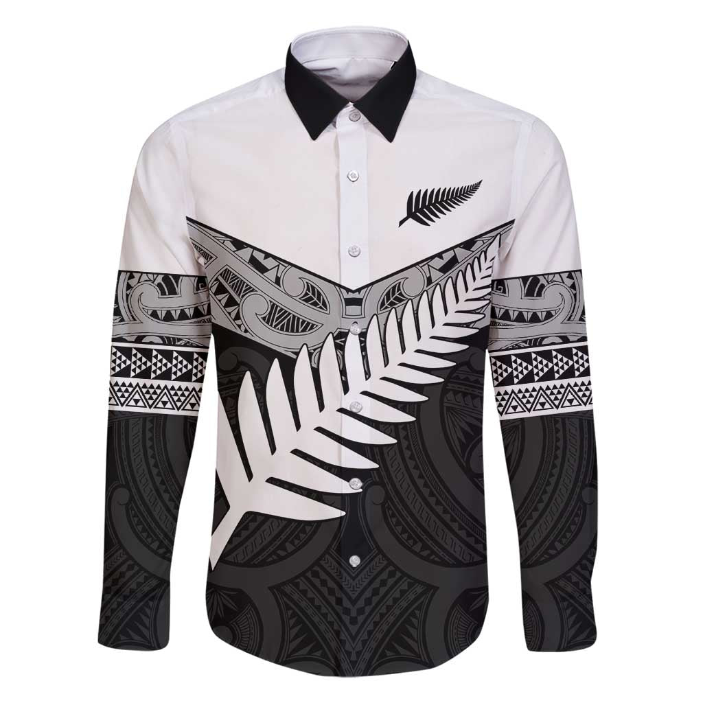New Zealand Silver Fern Family Matching Tank Maxi Dress and Hawaiian Shirt Maori Koru Mixed Taniko Pattern LT9 Dad's Shirt - Long Sleeve White - Polynesian Pride