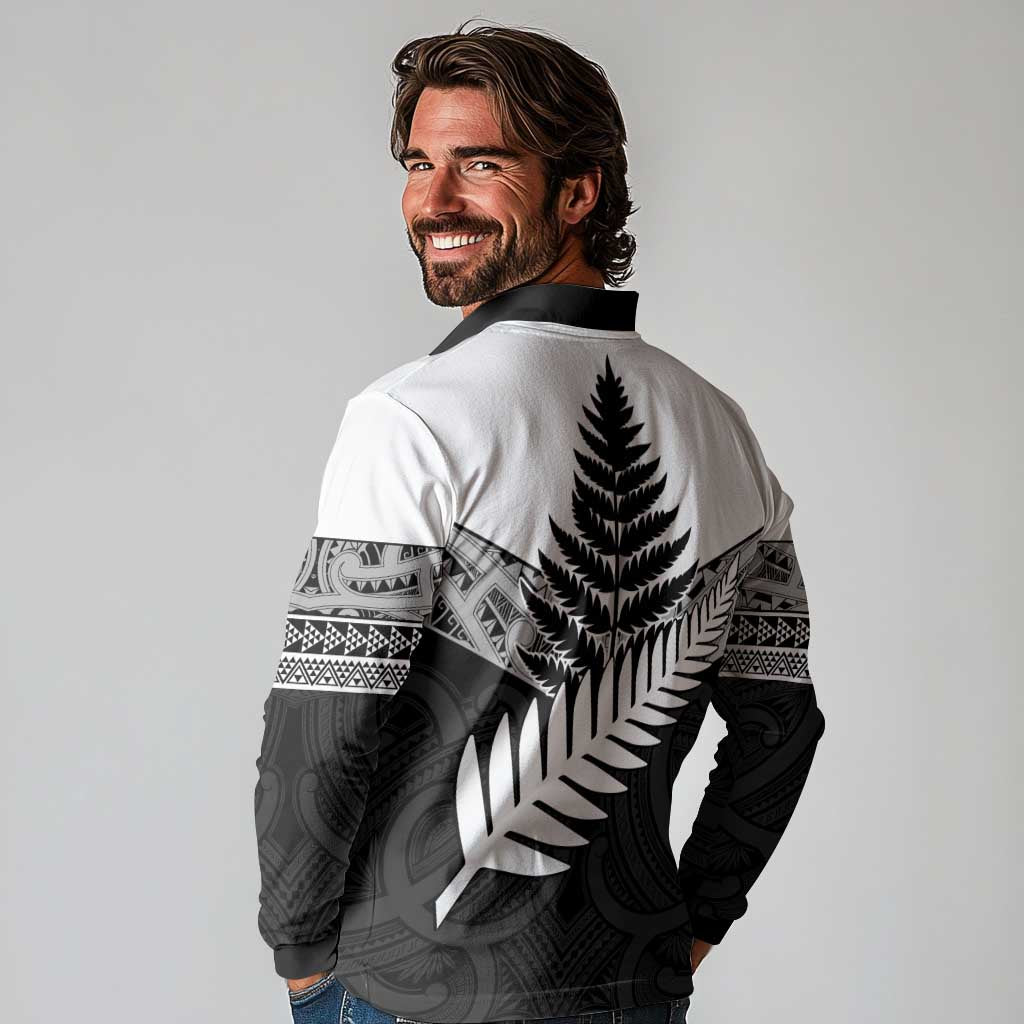 New Zealand Silver Fern Long Sleeve Polo Shirt Maori Koru Mixed Taniko Pattern