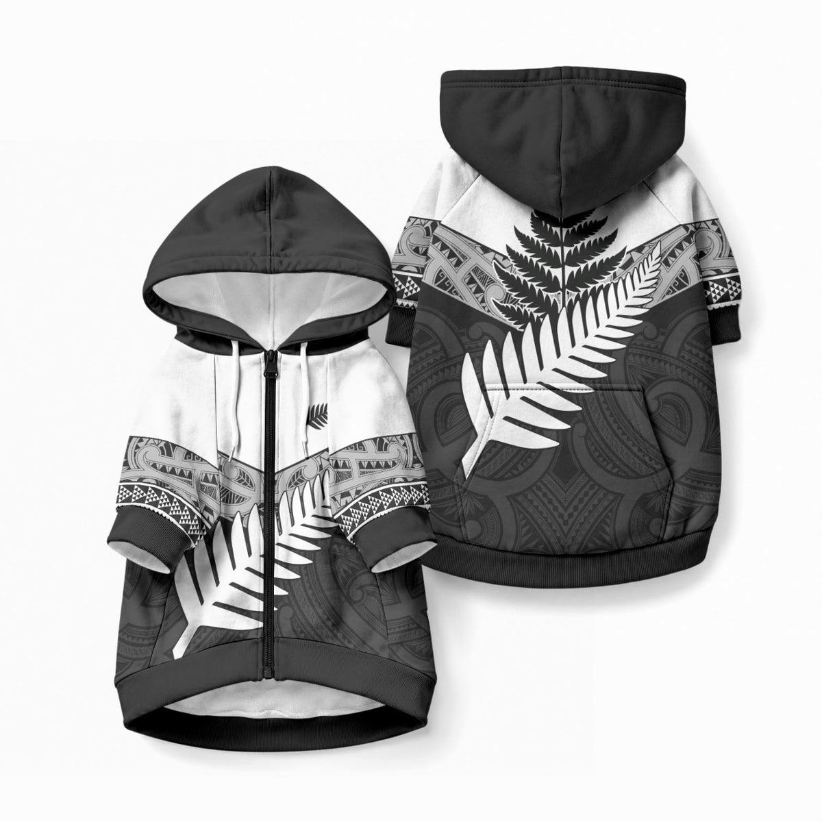 New Zealand Silver Fern Pet Hoodie Maori Koru Mixed Taniko Pattern LT9 Zip-up White - Polynesian Pride