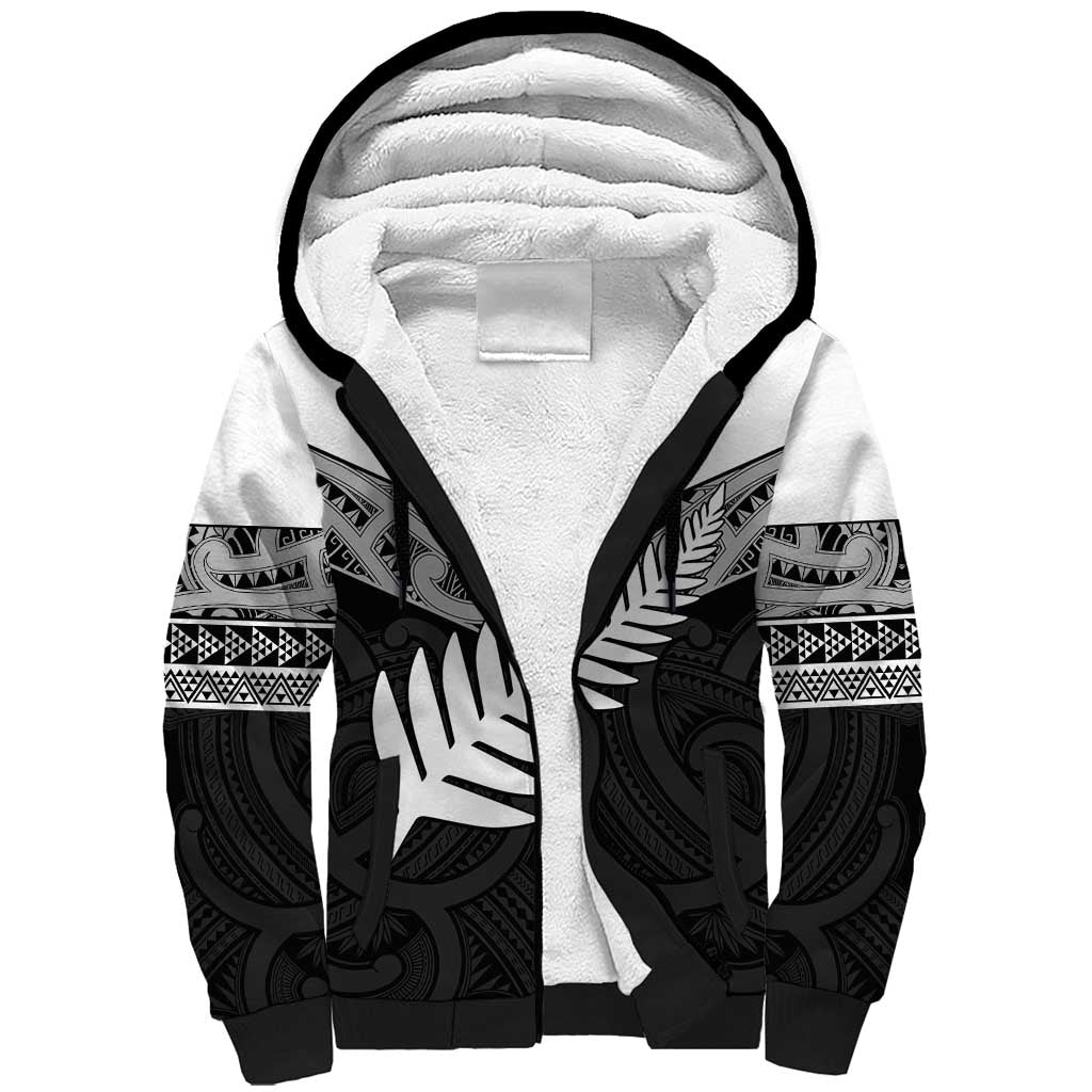 New Zealand Silver Fern Sherpa Hoodie Maori Koru Mixed Taniko Pattern