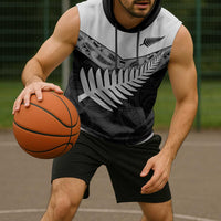 New Zealand Silver Fern Sleeveless Hoodie Maori Koru Mixed Taniko Pattern - Polynesian Pride