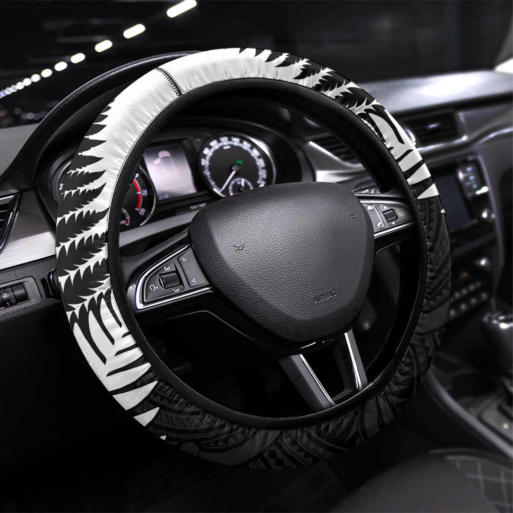New Zealand Silver Fern Steering Wheel Cover Maori Koru Mixed Taniko Pattern LT9 Universal Fit White - Polynesian Pride