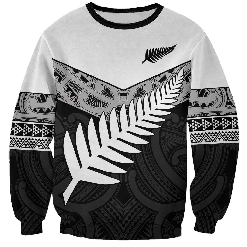 New Zealand Silver Fern Sweatshirt Maori Koru Mixed Taniko Pattern LT9 Unisex White - Polynesian Pride