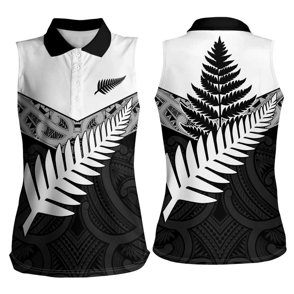 New Zealand Silver Fern Women Sleeveless Polo Shirt Maori Koru Mixed Taniko Pattern