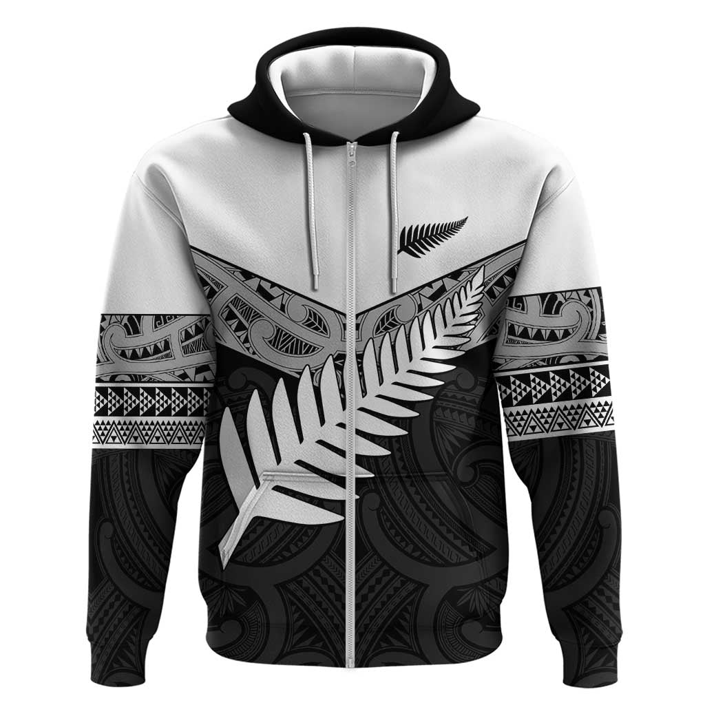 New Zealand Silver Fern Zip Hoodie Maori Koru Mixed Taniko Pattern LT9 Zip Hoodie White - Polynesian Pride