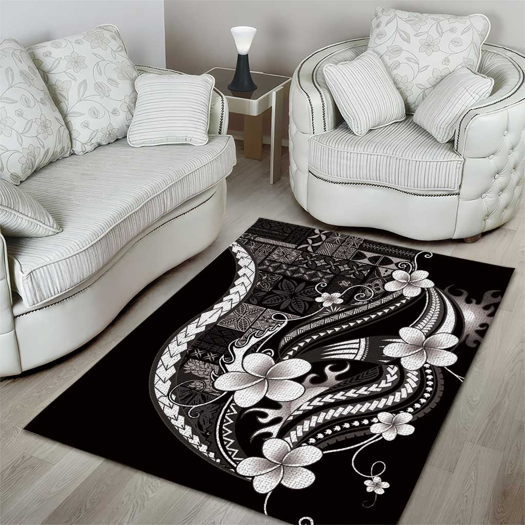 Samoa Siapo Tribal Pattern Area Rug Black Polynesian Plumeria Tapa Motif
