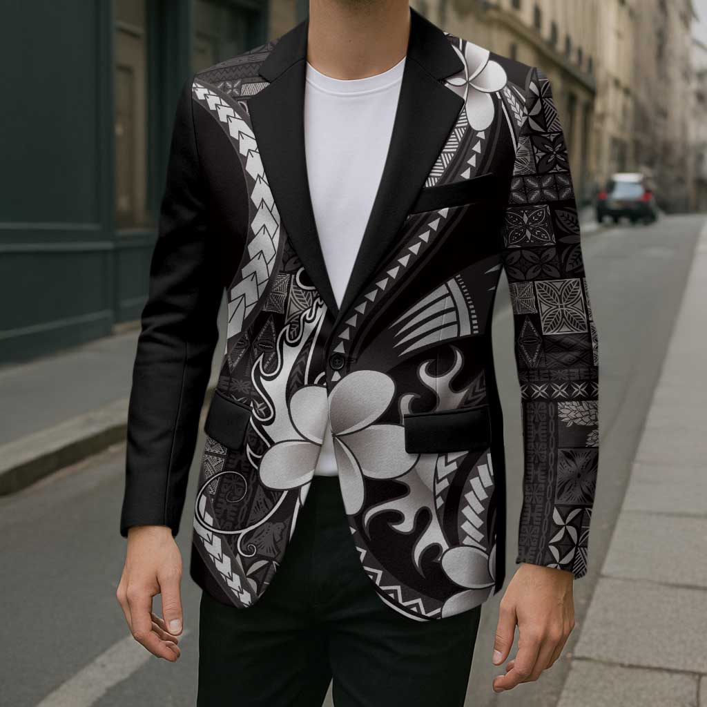 Samoa Siapo Tribal Pattern Blazer Black Polynesian Plumeria Tapa Motif