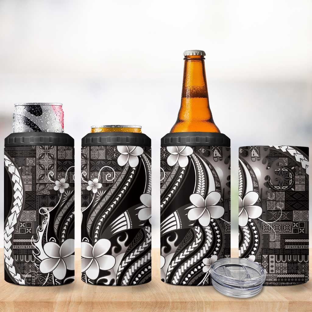 Samoa Siapo Tribal Pattern 4 in 1 Can Cooler Tumbler Black Polynesian Plumeria Tapa Motif