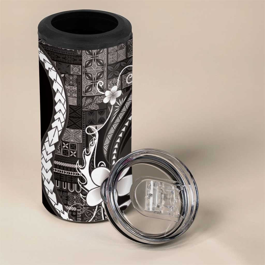 Samoa Siapo Tribal Pattern 4 in 1 Can Cooler Tumbler Black Polynesian Plumeria Tapa Motif