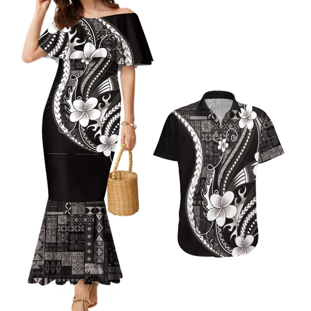 Samoa Siapo Tribal Pattern Couples Matching Mermaid Dress and Hawaiian Shirt Black Polynesian Plumeria Tapa Motif
