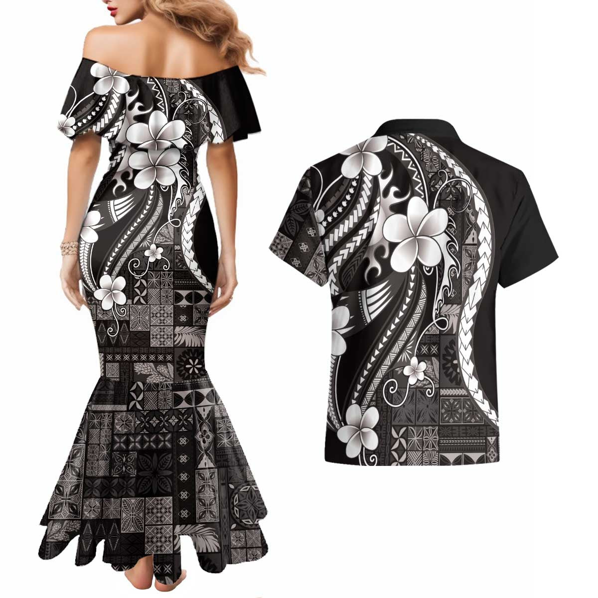 Samoa Siapo Tribal Pattern Couples Matching Mermaid Dress and Hawaiian Shirt Black Polynesian Plumeria Tapa Motif