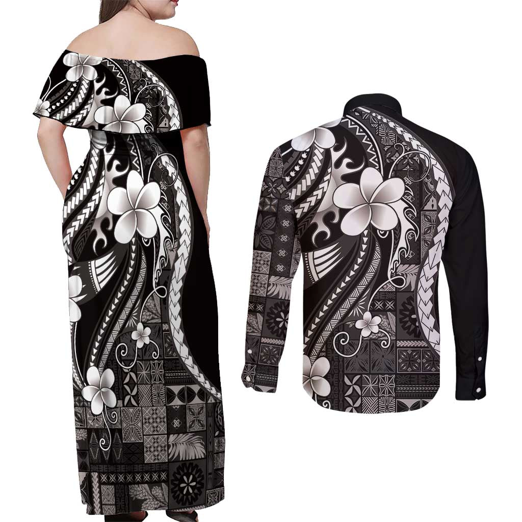 Samoa Siapo Tribal Pattern Couples Matching Off Shoulder Maxi Dress and Long Sleeve Button Shirt Black Polynesian Plumeria Tapa Motif