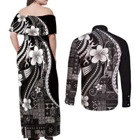 Samoa Siapo Tribal Pattern Couples Matching Off Shoulder Maxi Dress and Long Sleeve Button Shirt Black Polynesian Plumeria Tapa Motif
